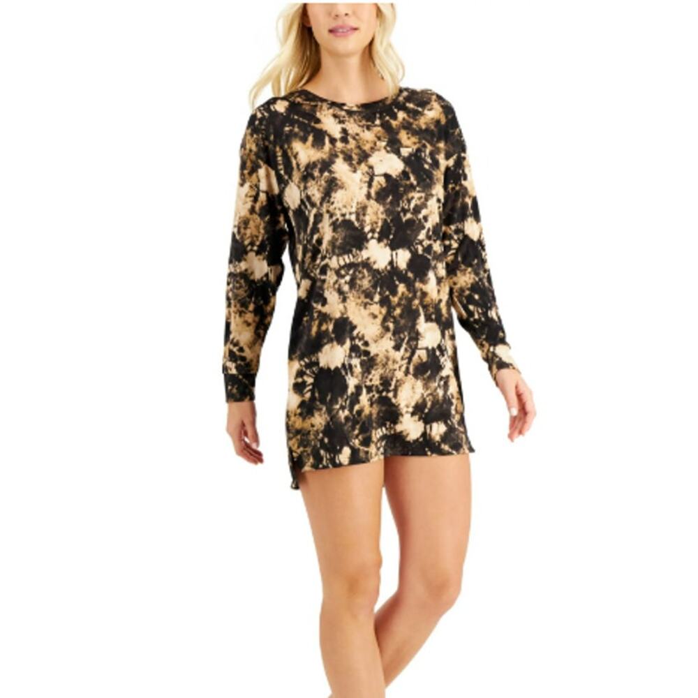 JENNI WOMENS MEDIUM LONG SLEEVE SUPER SOFT SLEEP SHIRT TIEDYE PRINT BLACK TAN